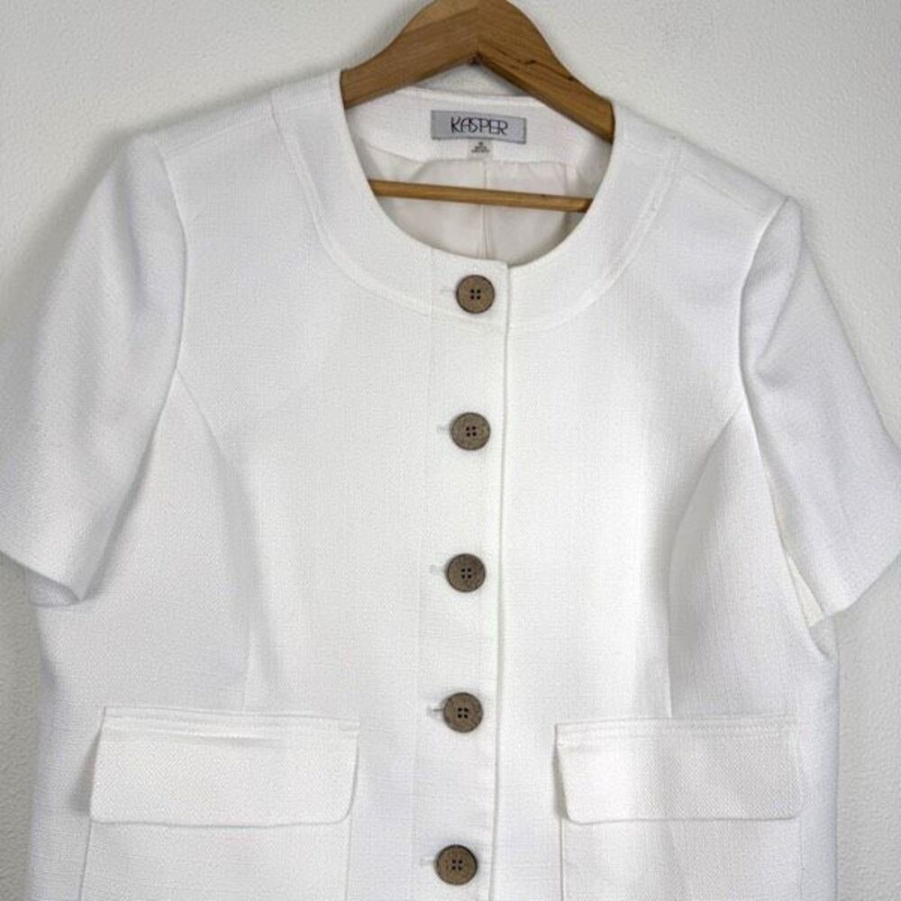 Kasper White Button Close Short Sleeve Blazer Jacket Size 16